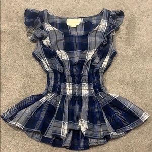 Maeve blue flannel print ruffle top